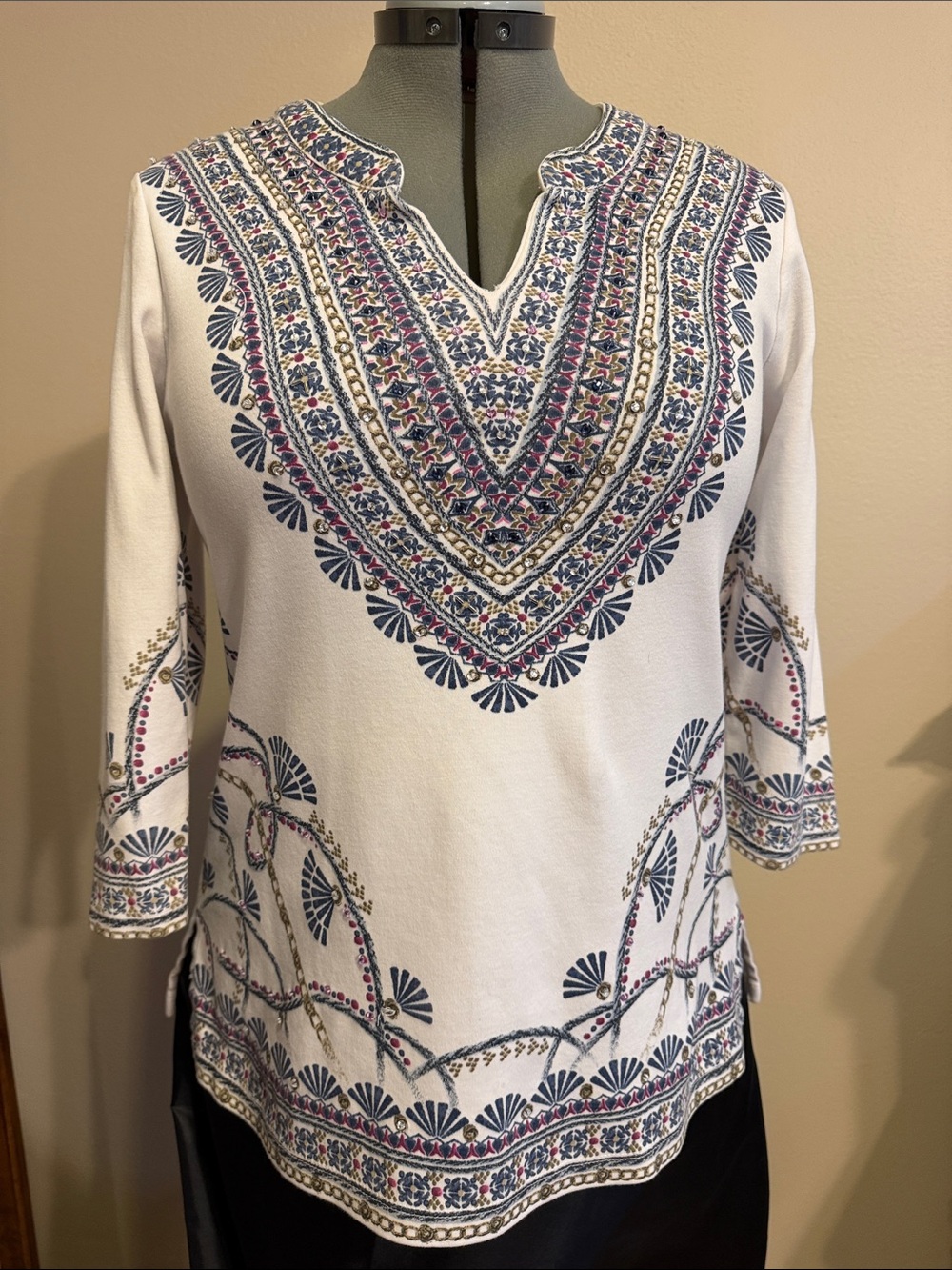 JM  Collection White Embroidered V-Neck Women’s Top with Blue & Pink Motif